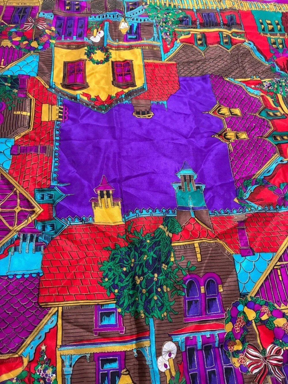 Oscar De La Renta Studio 100% Silk Christmas Village Scarf Multicolor vintage